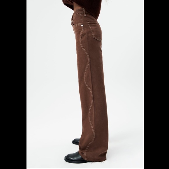 NWT ZARA WIDE LEG FULL LENGTH BROWN WAVY CURVY SIDE JEANS - Picture 5 of 10